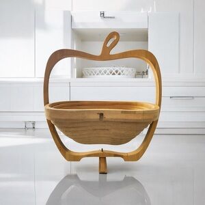 Apple Shaped Bamboo Expandable Trivet Fruit Basket Folding Wooden Kitchen Decor